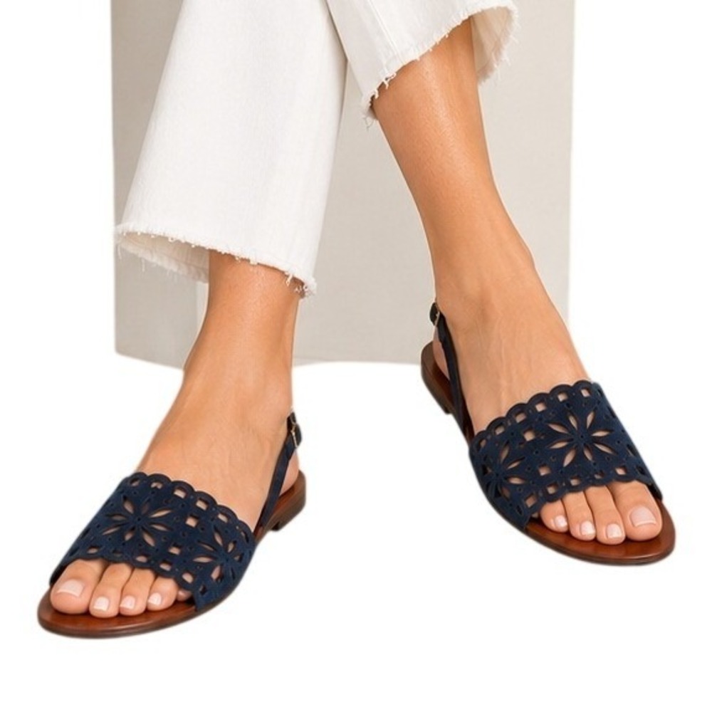Tory Burch Navy Blue Suede Laser Cut Floral Ankle Strap Sandals Women's 9.5